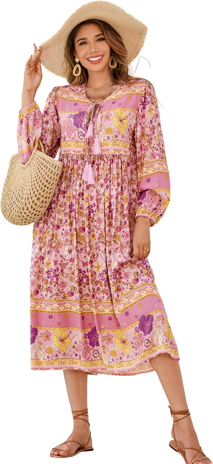 R.Vivimos Women's Long Sleeve Casual Boho Floral Midi Dresses | Retro V Neck, Tassel Tie, Beach Vacation Outfits, Resort Wear