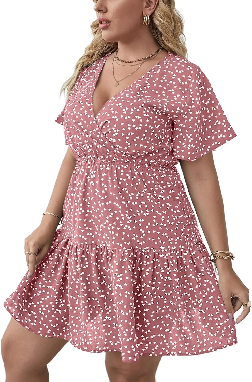 Floerns Women's Plus Size V Neck Short Sleeve Ruffle Hem A Line Short Dress | Surplice Ruffle Hem, A Line, V Neck, Short Sleeve, Boho Hawaiian Short Dress