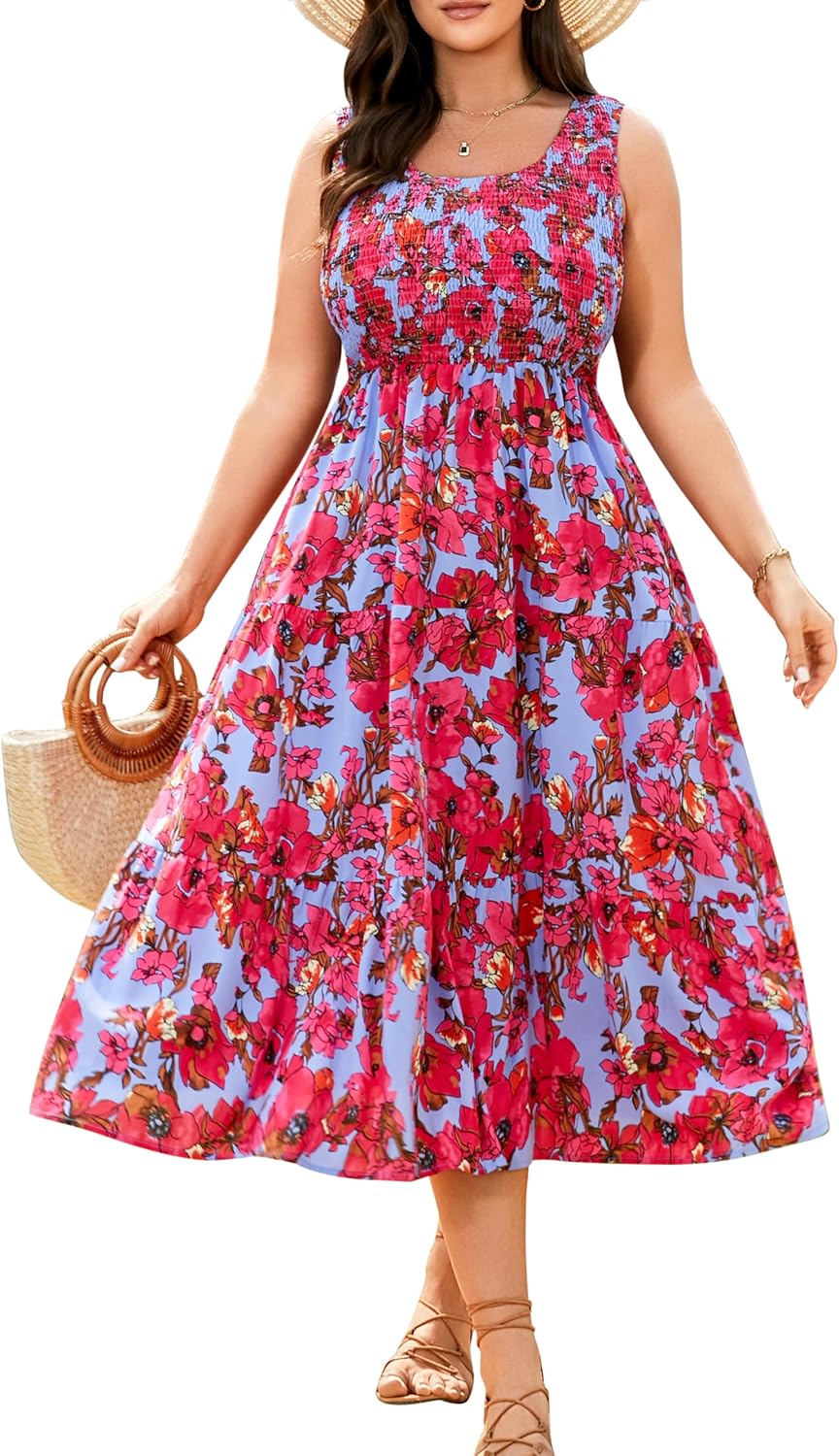 RWJ Plus Size Summer Sleeveless Tank Dress for Women Smocked Midi Sundress | Casual Loose Fit, Tiered Long Dresses, Beach Vacation, Holiday, Wedding Guest, Cocktail Party, Resort, Music Festival, Date