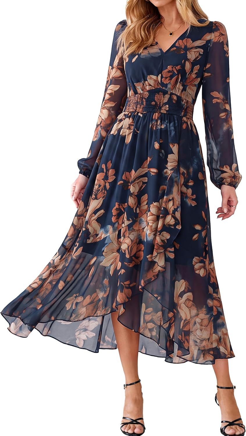 Simplee Women's Floral Boho Long Sleeve Maxi Fall Wedding Guest Dress 2026 | Flowy V Neck Empire Waist A-Line , Swing Faux Wrap Ruffle High Low Hem, Casual Vacation, Date Night, Garden Tea Party Dresses