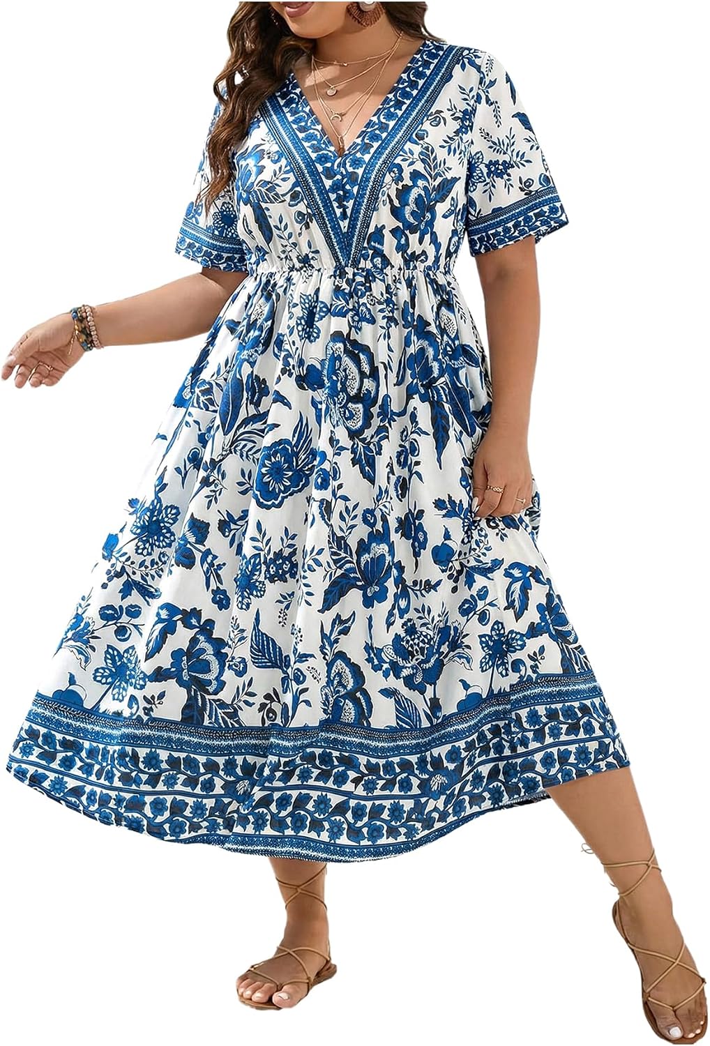 Floerns Women's Plus Size Hawaiian Tropical V Neck Long Dress | V Neck,Boho Hawaiian Tropical,All Over Print,Short Sleeve,Vacation Outfits