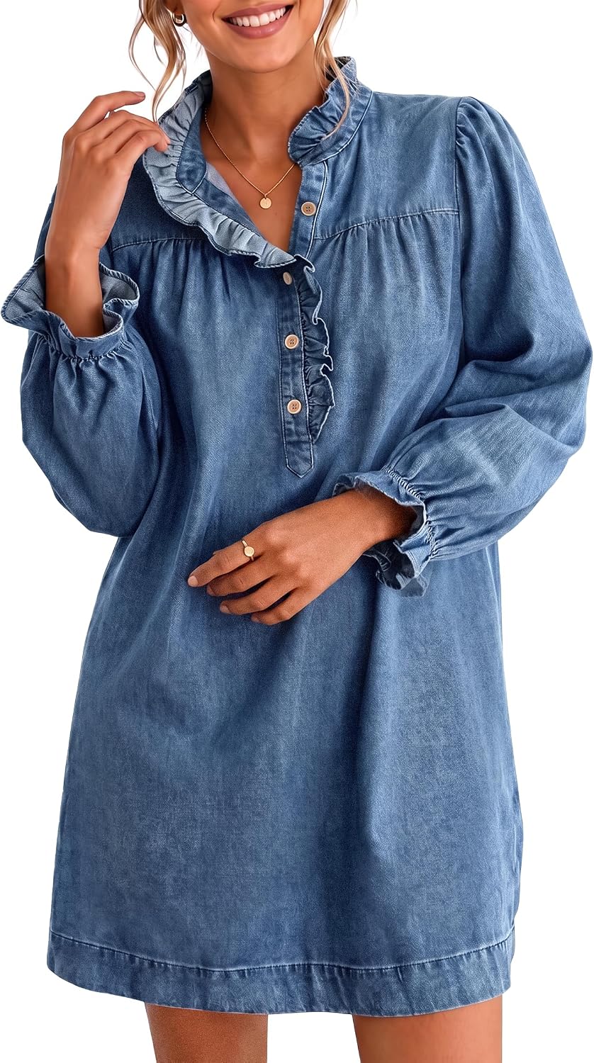 Flowyair Womens Long Sleeve Denim Dress Half Button Ruffle Mini Dresses | Button Down Jean Dress,Babydoll Short Dress,High Waisted Tunnic,Trendy Casual,Vintage,Daily Wear