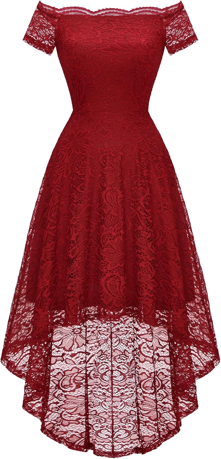 Dressystar Women's Lace Off Shoulder Cocktail Formal Wedding Guest Dress | Hi Lo Bridesmaid Wedding Dresses,Short Sleeve Party Swing Dress, A Line Design,Convertible Neckline,Soft Lace Long Dress