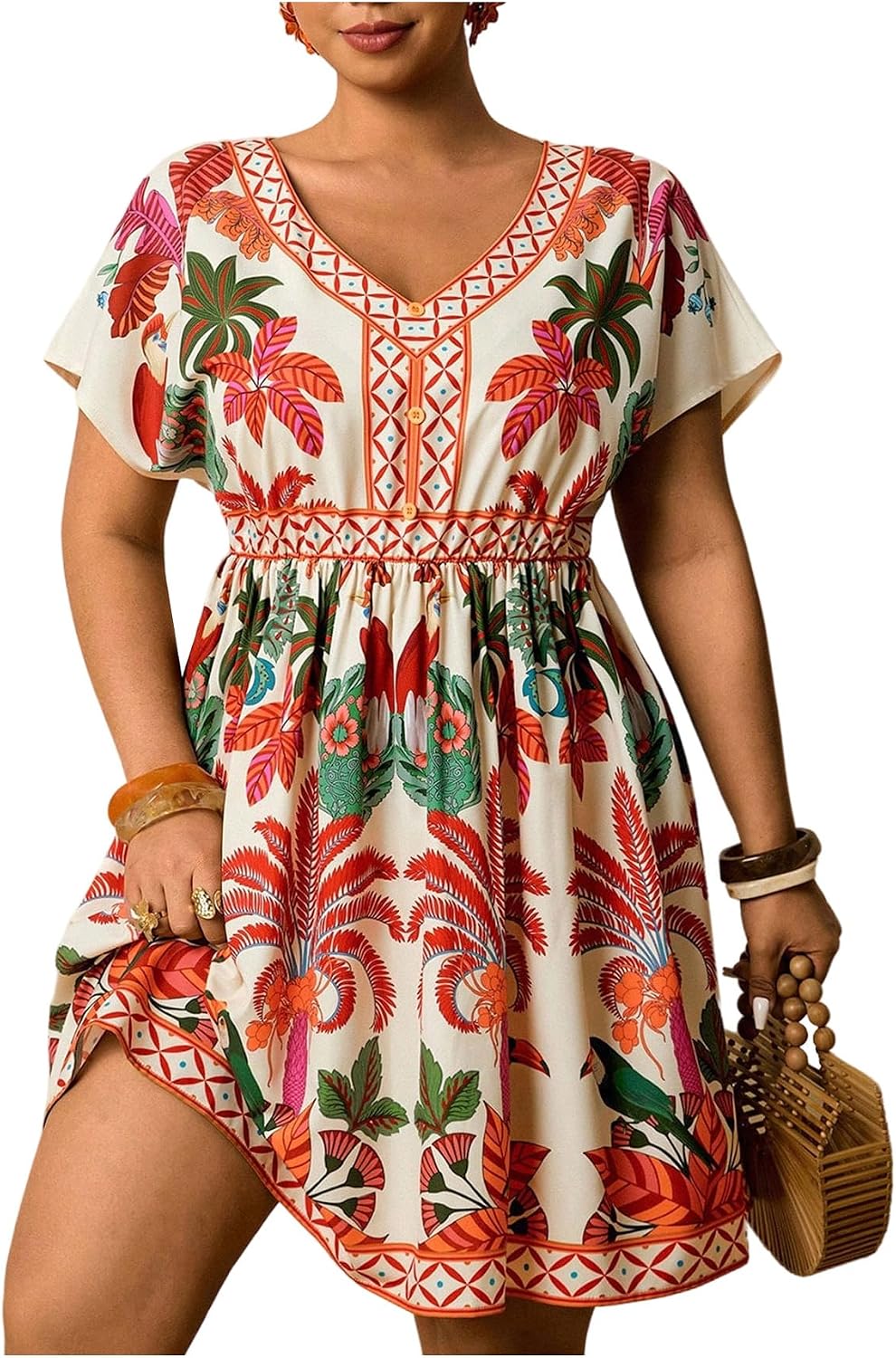 Floerns Women's Plus Size V Neck Short Sleeve Ruffle Hem A Line Short Dress | Surplice Ruffle Hem, A Line, V Neck, Short Sleeve, Boho Hawaiian Short Dress