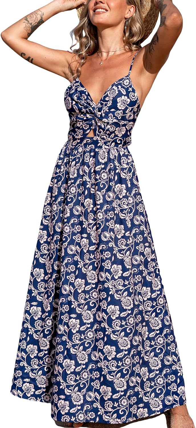 CUPSHE Women's Maxi Dress Floral Print Twisted V Neck Sleeveless Long Dress Summer Casual Dress