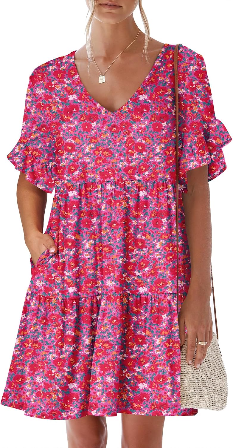ANRABESS Dresses for Women Summer 2026 V Neck Ruffle Sleeve A Line Tiered Flowy Casual Trendy Mini Beach Dress with Pockets