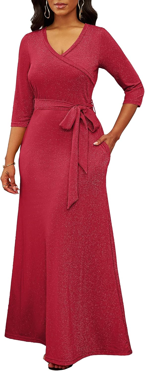 FANDEE Women's 2026 Maxi Dress - Solid Color Bohemian Summer Long Maxi Dress V-Neck 3\/4 Sleeve