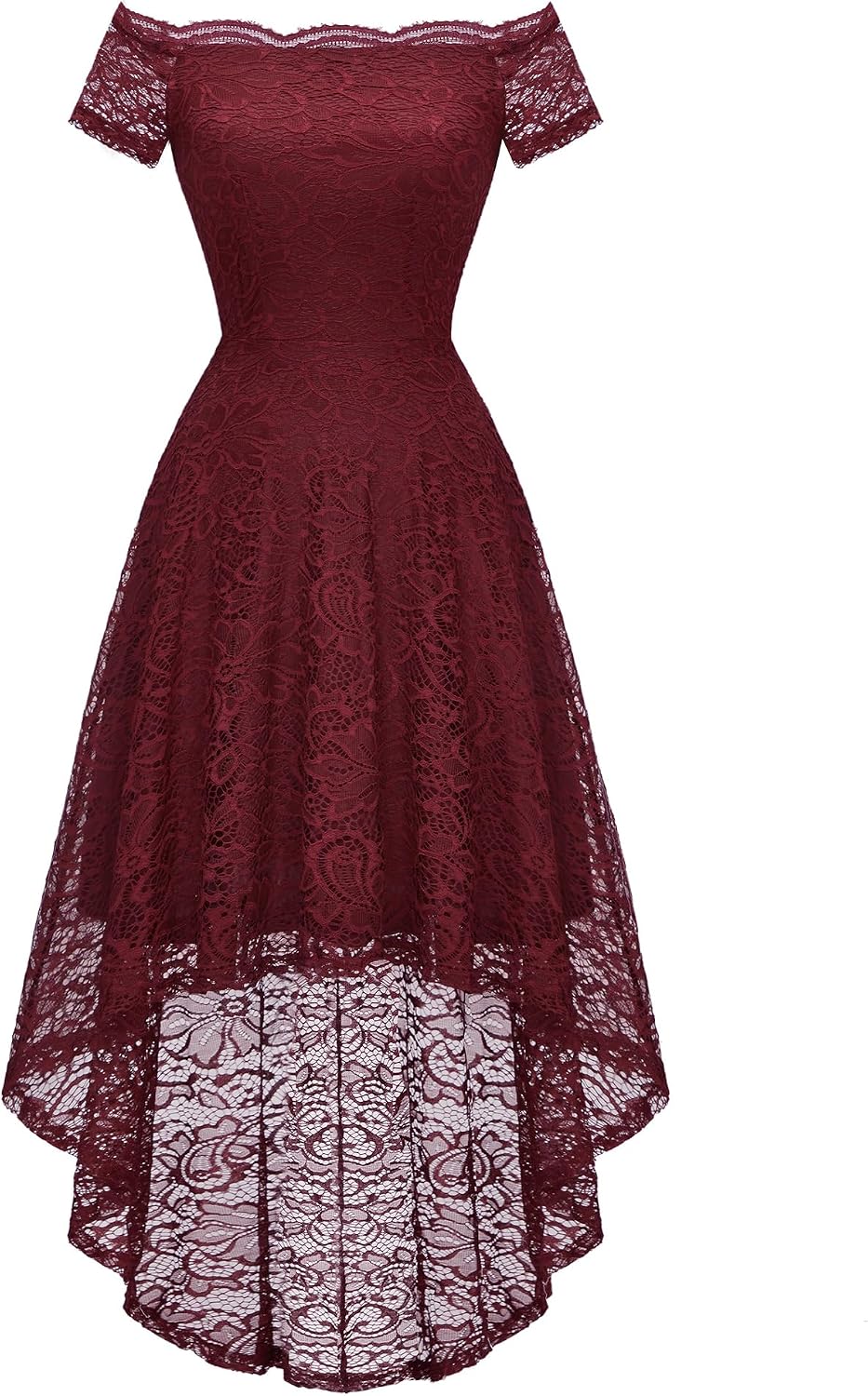 Dressystar Women's Lace Off Shoulder Cocktail Formal Wedding Guest Dress | Hi Lo Bridesmaid Wedding Dresses,Short Sleeve Party Swing Dress, A Line Design,Convertible Neckline,Soft Lace Long Dress