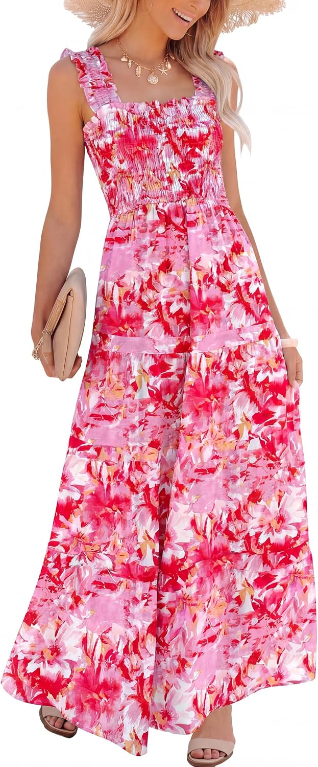 Caracilia Womens Summer Maxi Dresses Floral Smocked Boho Sundress | Sleeveless Ruffle Straps, Square Neck, Tiered Aline Flowy Casual Long Dress, Beach Vacation Outfits