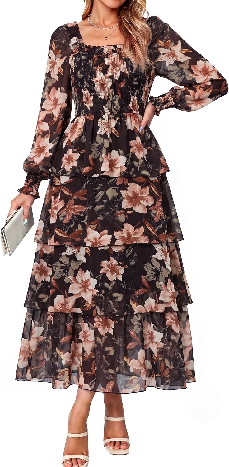 Simplee Womens Square Neck Long Sleeve Maxi Floral Fall Wedding Guest Dress | Flowy Tiered, Smocked, Bohemian, Western, Semi Formal, Spring Fall, Garden Party, Bridesmaid, Bridal Shower Dress