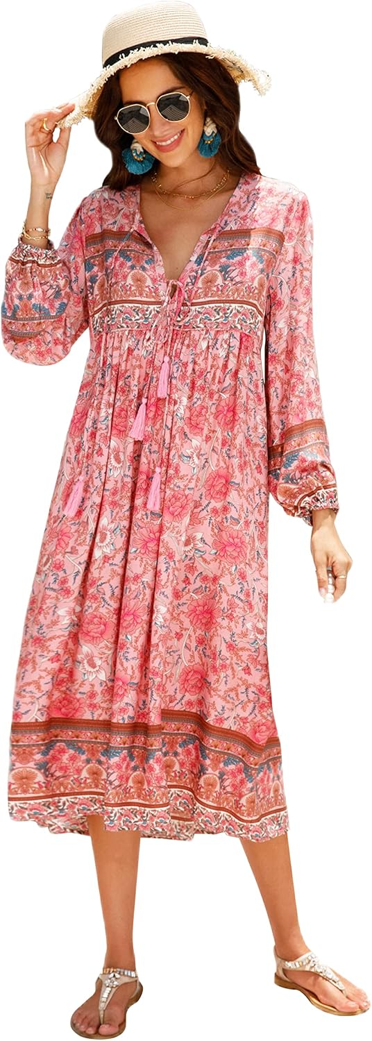 R.Vivimos Women's Long Sleeve Casual Boho Floral Midi Dresses | Retro V Neck, Tassel Tie, Beach Vacation Outfits, Resort Wear