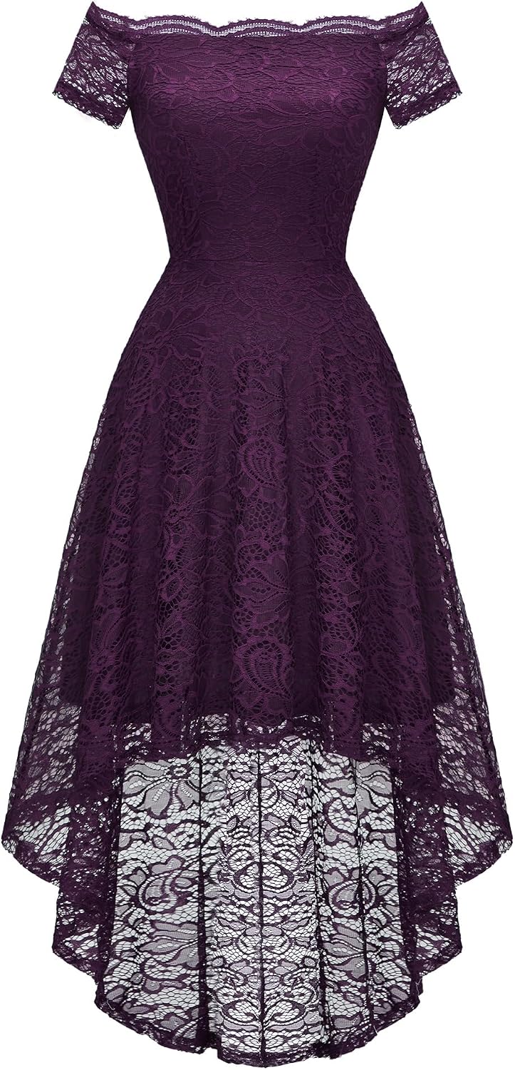 Dressystar Women's Lace Off Shoulder Cocktail Formal Wedding Guest Dress | Hi Lo Bridesmaid Wedding Dresses,Short Sleeve Party Swing Dress, A Line Design,Convertible Neckline,Soft Lace Long Dress