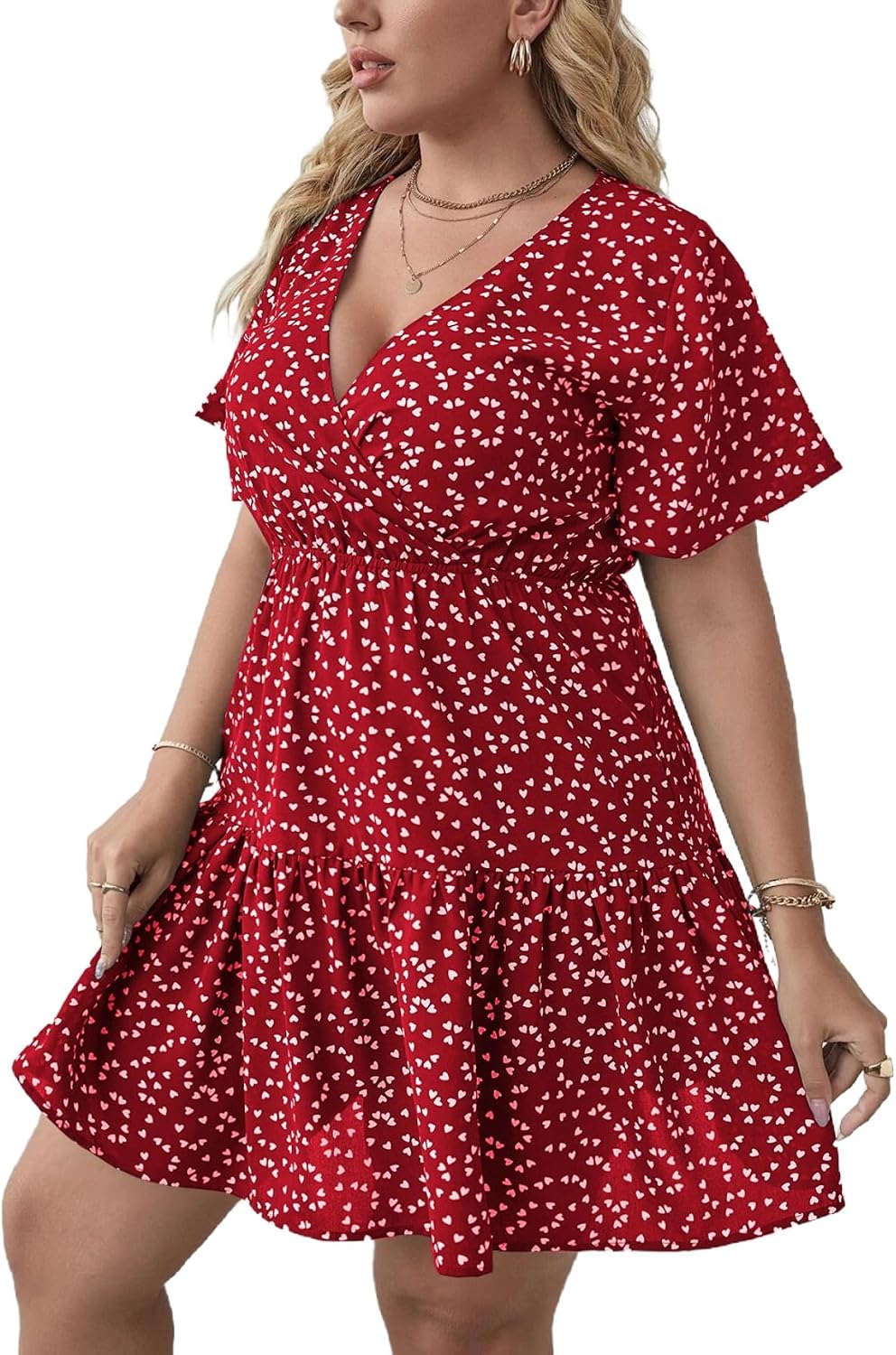 Floerns Women's Plus Size V Neck Short Sleeve Ruffle Hem A Line Short Dress | Surplice Ruffle Hem, A Line, V Neck, Short Sleeve, Boho Hawaiian Short Dress
