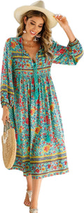 R.Vivimos Women's Long Sleeve Casual Boho Floral Midi Dresses | Retro V Neck, Tassel Tie, Beach Vacation Outfits, Resort Wear