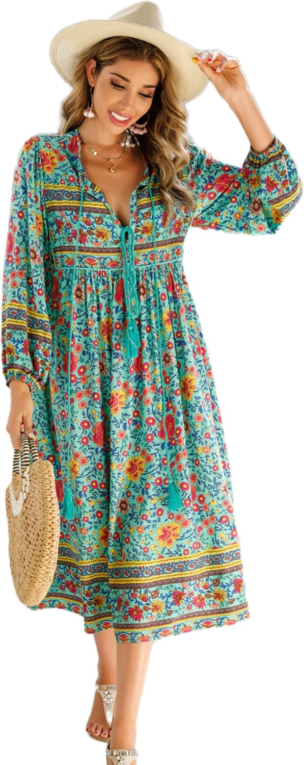 R.Vivimos Women's Long Sleeve Casual Boho Floral Midi Dresses | Retro V Neck, Tassel Tie, Beach Vacation Outfits, Resort Wear