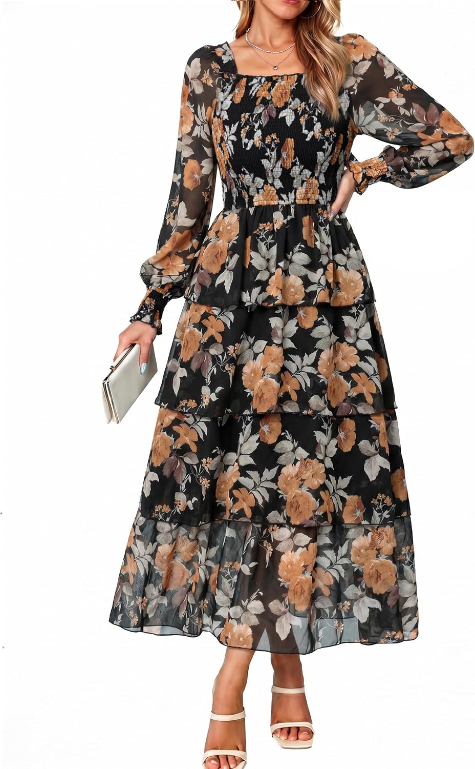 Simplee Womens Square Neck Long Sleeve Maxi Floral Fall Wedding Guest Dress | Flowy Tiered, Smocked, Bohemian, Western, Semi Formal, Spring Fall, Garden Party, Bridesmaid, Bridal Shower Dress