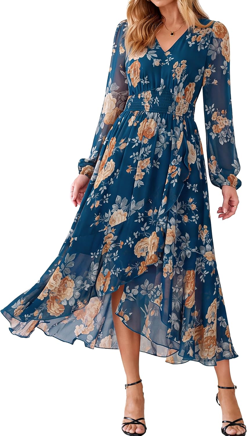 Simplee Women's Floral Boho Long Sleeve Maxi Fall Wedding Guest Dress 2026 | Flowy V Neck Empire Waist A-Line , Swing Faux Wrap Ruffle High Low Hem, Casual Vacation, Date Night, Garden Tea Party Dresses