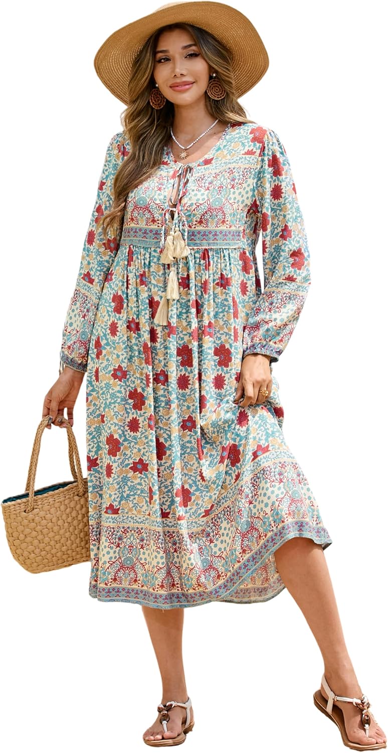 R.Vivimos Women's Long Sleeve Casual Boho Floral Midi Dresses | Retro V Neck, Tassel Tie, Beach Vacation Outfits, Resort Wear