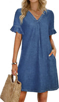POTILI Women's Denim Dress Ruffle Sleeve Jean Mini Dress with Pockets | V Neck；Puff Short Sleeve;Babydoll；Stretchy；A-Line；Lightweight