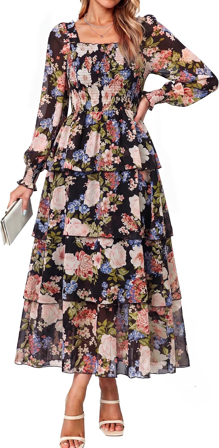 Simplee Womens Square Neck Long Sleeve Maxi Floral Fall Wedding Guest Dress | Flowy Tiered, Smocked, Bohemian, Western, Semi Formal, Spring Fall, Garden Party, Bridesmaid, Bridal Shower Dress