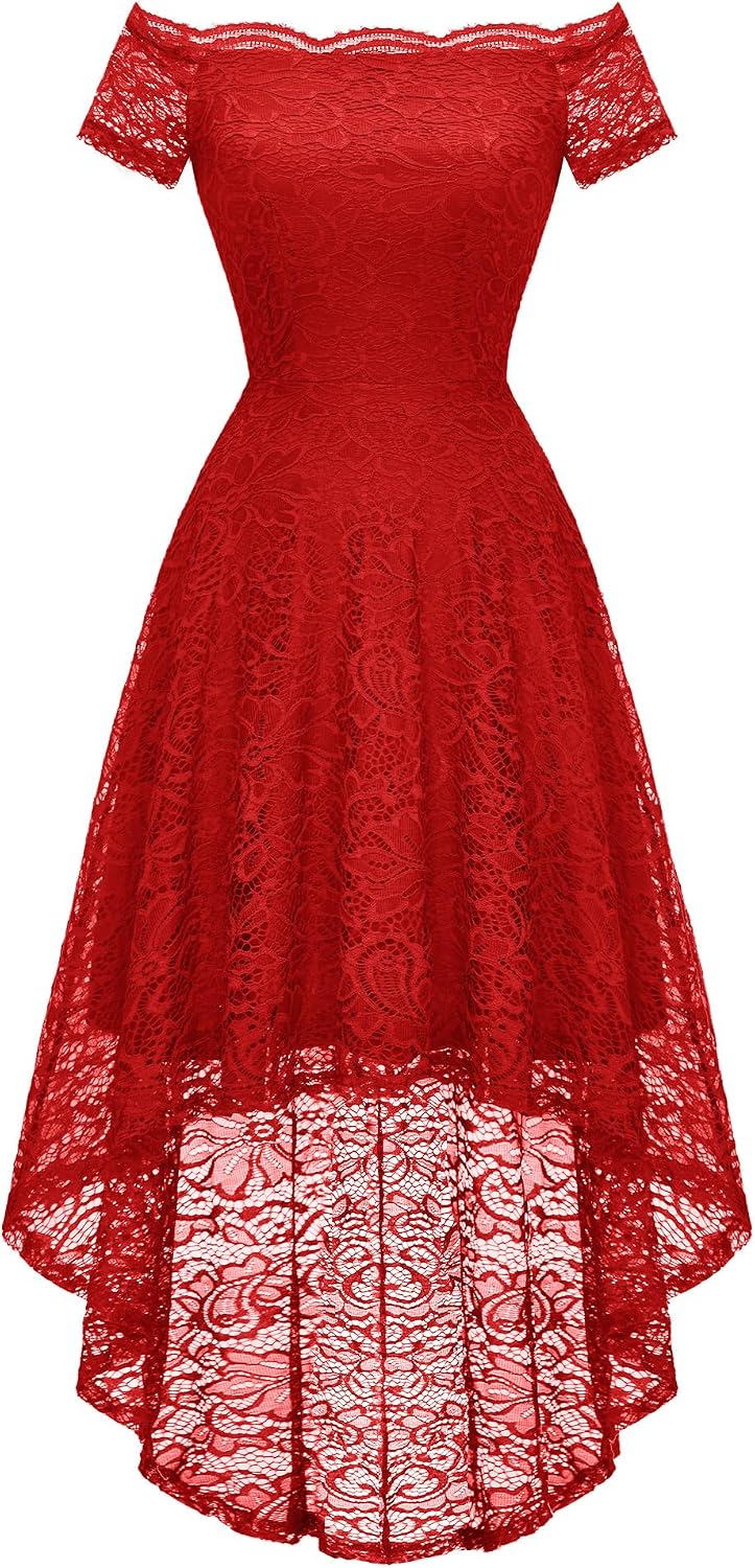 Dressystar Women's Lace Off Shoulder Cocktail Formal Wedding Guest Dress | Hi Lo Bridesmaid Wedding Dresses,Short Sleeve Party Swing Dress, A Line Design,Convertible Neckline,Soft Lace Long Dress