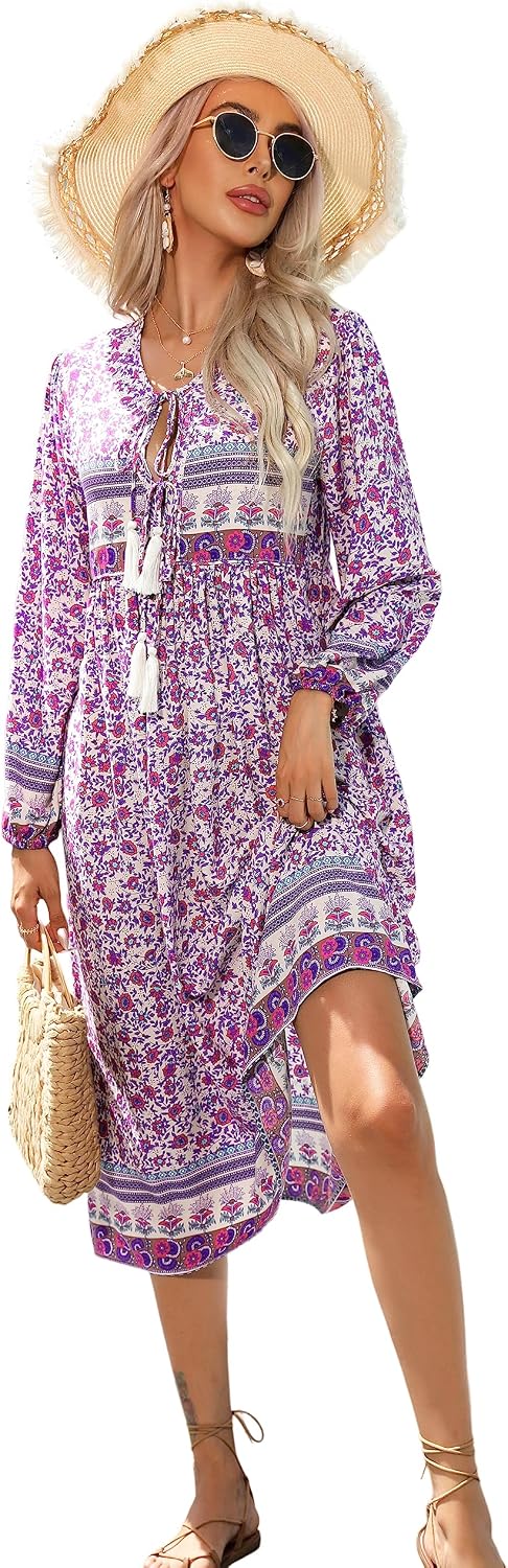 R.Vivimos Women's Long Sleeve Casual Boho Floral Midi Dresses | Retro V Neck, Tassel Tie, Beach Vacation Outfits, Resort Wear