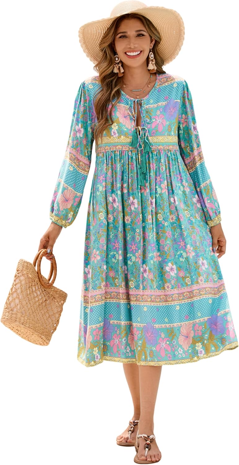 R.Vivimos Women's Long Sleeve Casual Boho Floral Midi Dresses | Retro V Neck, Tassel Tie, Beach Vacation Outfits, Resort Wear