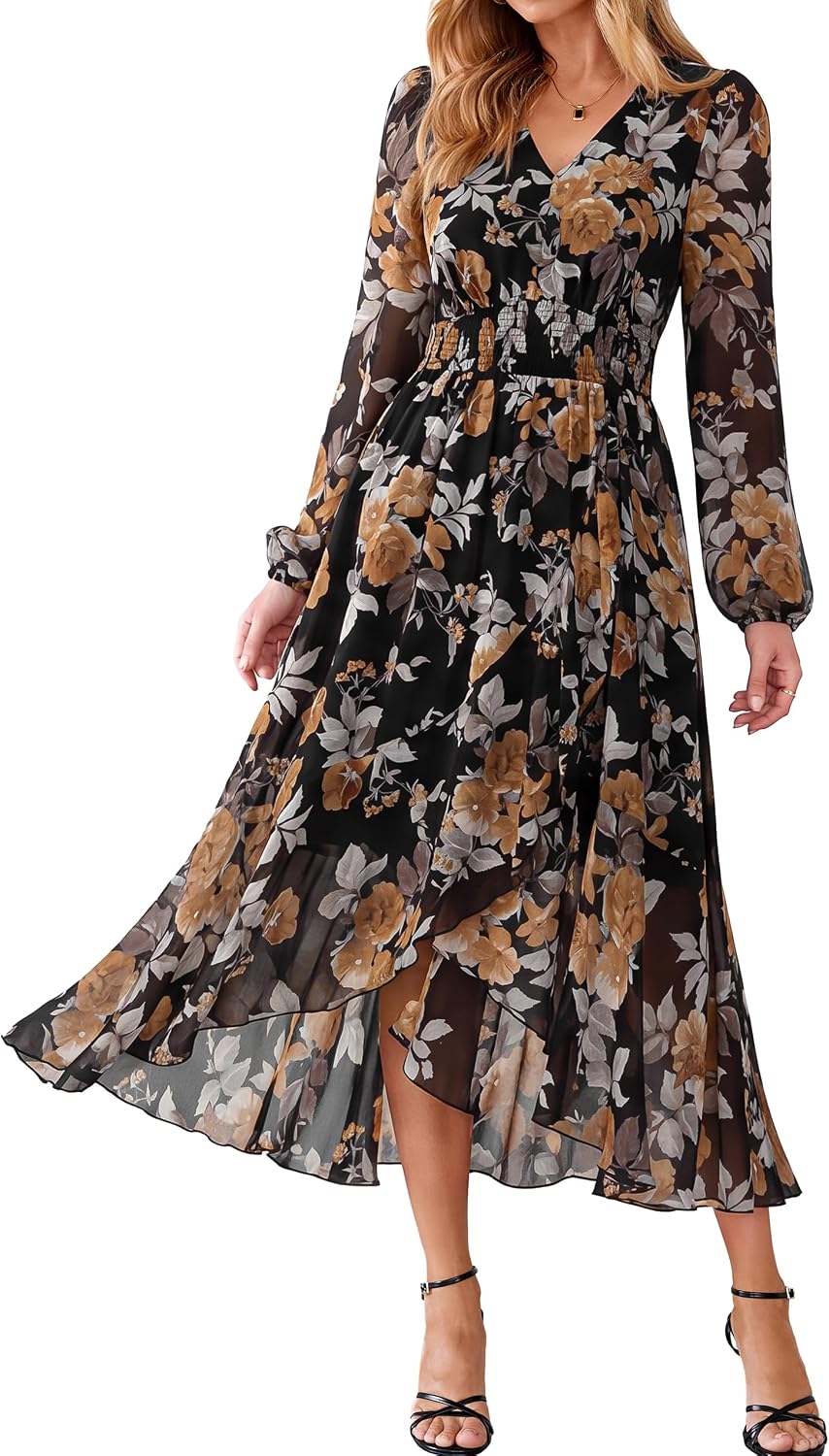 Simplee Women's Floral Boho Long Sleeve Maxi Fall Wedding Guest Dress 2026 | Flowy V Neck Empire Waist A-Line , Swing Faux Wrap Ruffle High Low Hem, Casual Vacation, Date Night, Garden Tea Party Dresses
