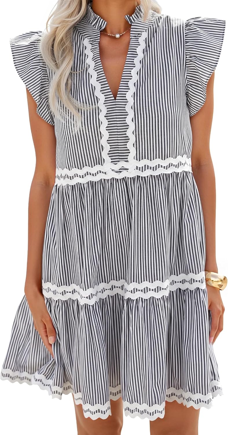 ZESICA Women's Summer Casual Striped Mini Dress Beach Dresses | Flutter Short Sleeve Dress,Elegant Flutter Sleeves Vneck Dresses,Ruffle A Line Clothes,Striped Short Dress,Cocktail Party