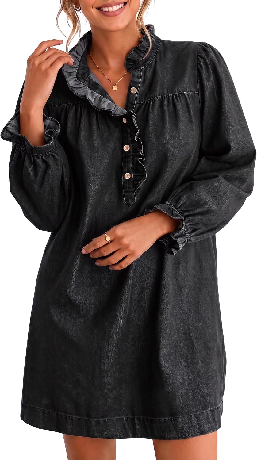 Flowyair Womens Long Sleeve Denim Dress Half Button Ruffle Mini Dresses | Button Down Jean Dress,Babydoll Short Dress,High Waisted Tunnic,Trendy Casual,Vintage,Daily Wear