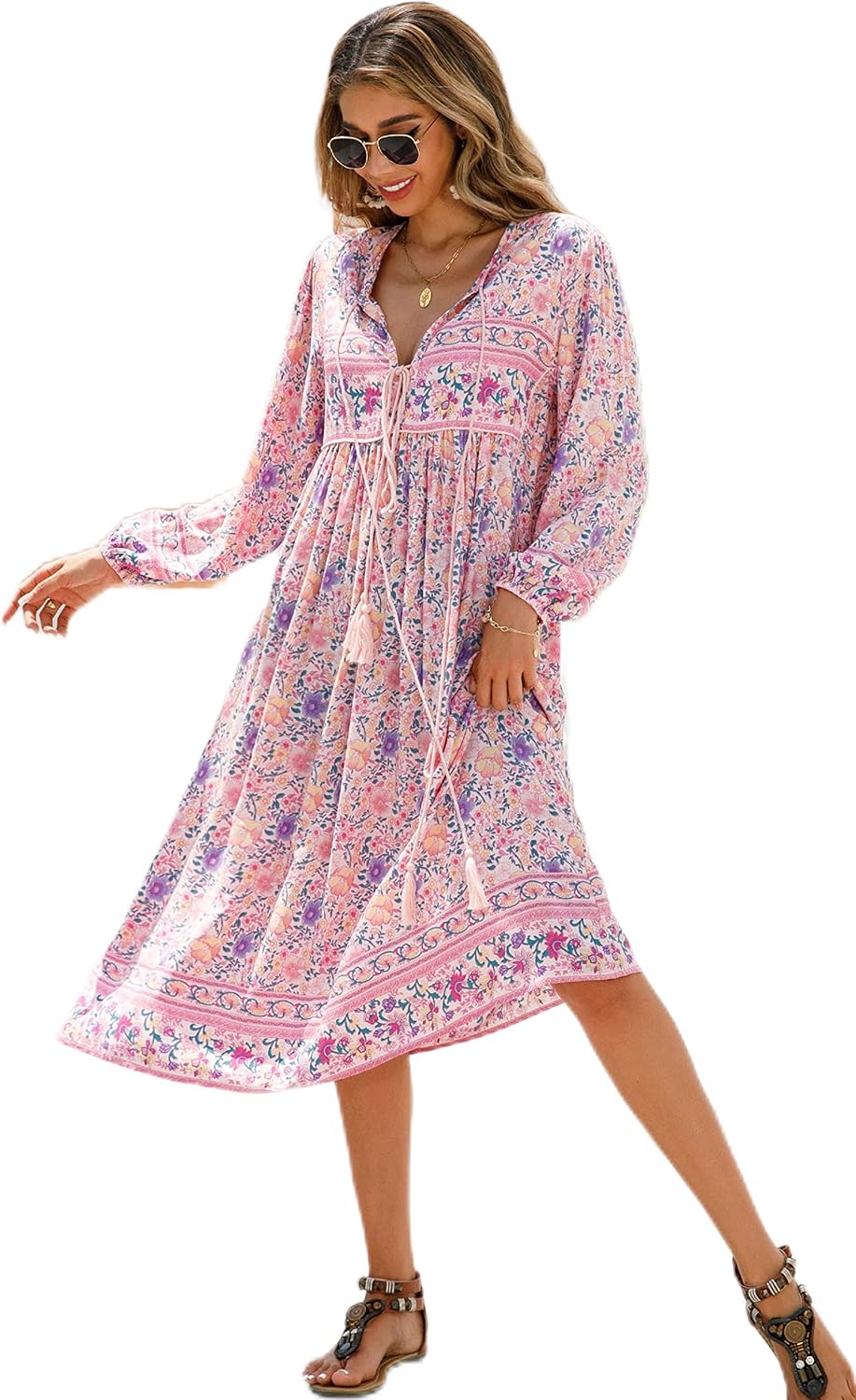 R.Vivimos Women's Long Sleeve Casual Boho Floral Midi Dresses | Retro V Neck, Tassel Tie, Beach Vacation Outfits, Resort Wear
