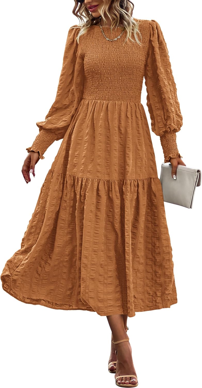 PRETTYGARDEN Women 2026 Spring Puff Long Sleeve Crewneck Smocked Maxi Dress Empire Waist Tiered A-line Swing Flowy Long Dress