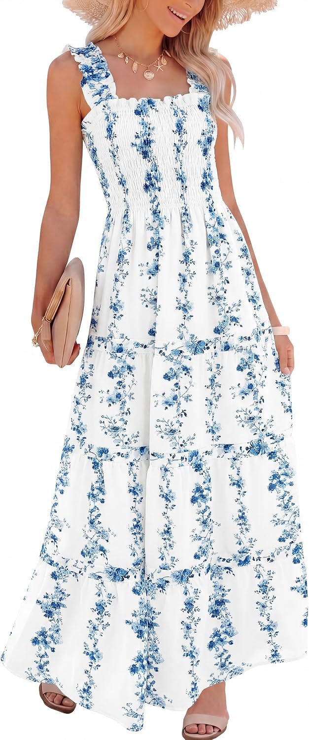 Caracilia Womens Summer Maxi Dresses Floral Smocked Boho Sundress | Sleeveless Ruffle Straps, Square Neck, Tiered Aline Flowy Casual Long Dress, Beach Vacation Outfits