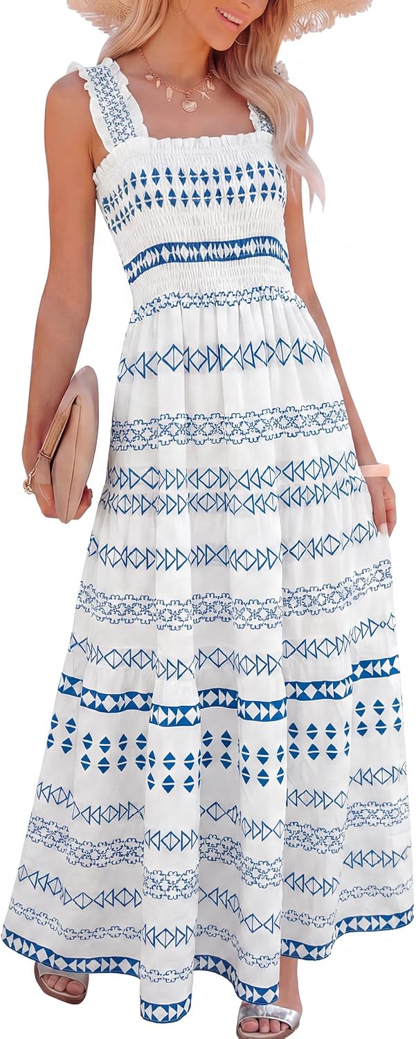 Caracilia Womens Summer Maxi Dresses Floral Smocked Boho Sundress | Sleeveless Ruffle Straps, Square Neck, Tiered Aline Flowy Casual Long Dress, Beach Vacation Outfits
