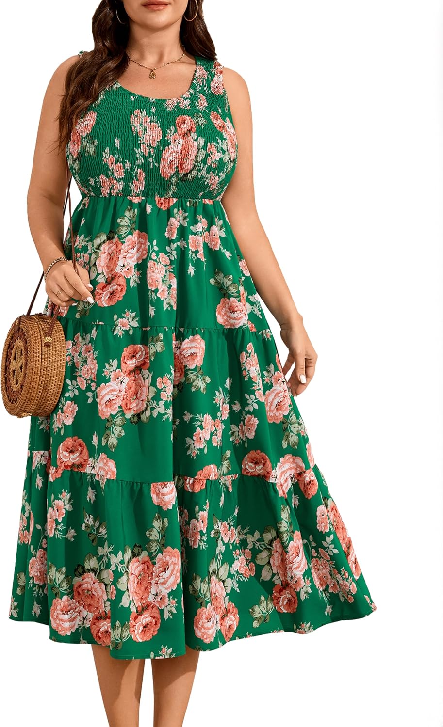 RWJ Plus Size Summer Sleeveless Tank Dress for Women Smocked Midi Sundress | Casual Loose Fit, Tiered Long Dresses, Beach Vacation, Holiday, Wedding Guest, Cocktail Party, Resort, Music Festival, Date