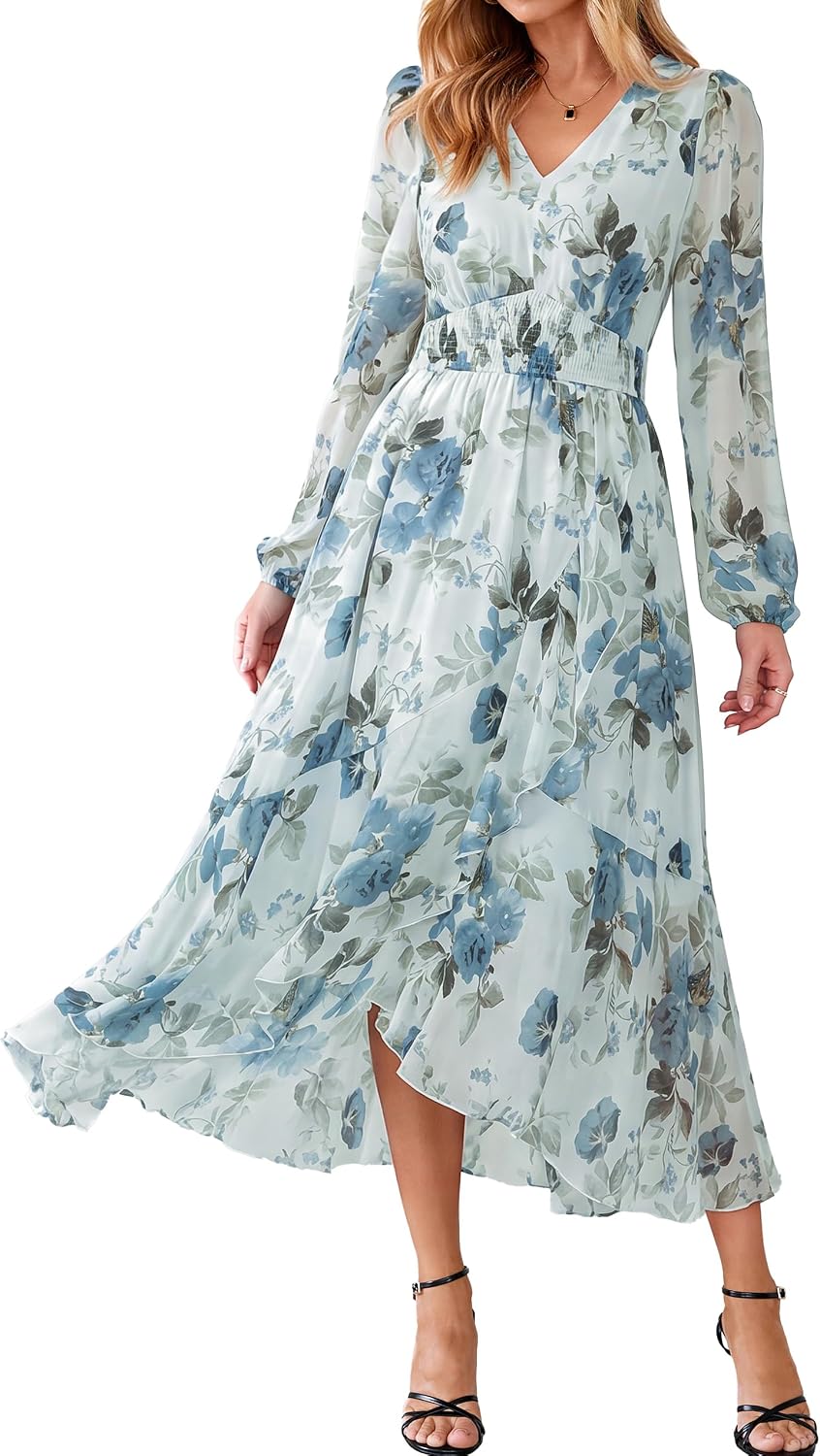 Simplee Women's Floral Boho Long Sleeve Maxi Fall Wedding Guest Dress 2026 | Flowy V Neck Empire Waist A-Line , Swing Faux Wrap Ruffle High Low Hem, Casual Vacation, Date Night, Garden Tea Party Dresses