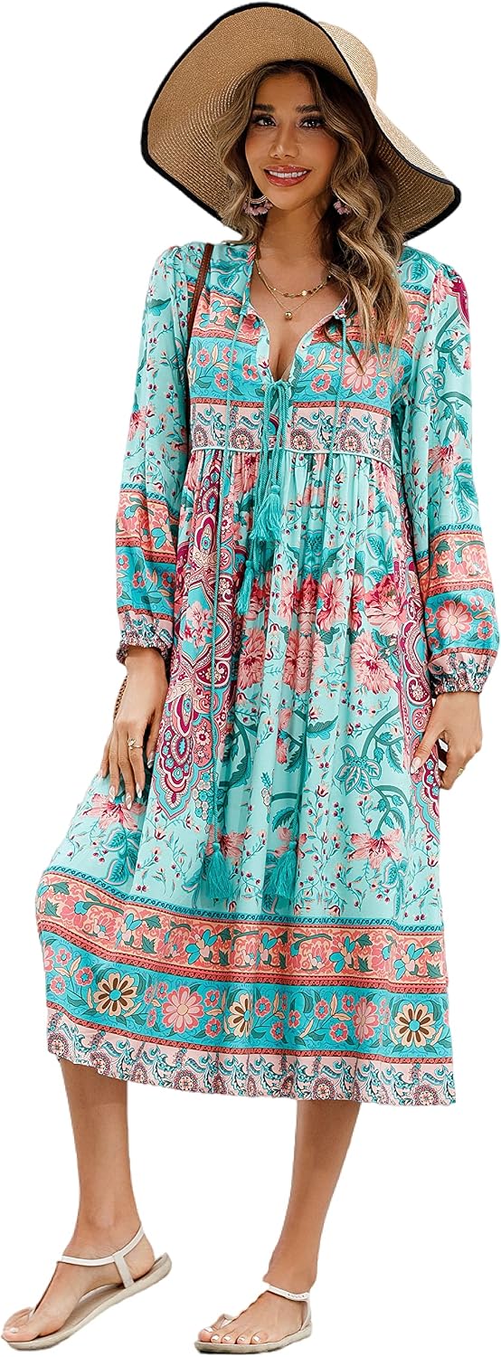 R.Vivimos Women's Long Sleeve Casual Boho Floral Midi Dresses | Retro V Neck, Tassel Tie, Beach Vacation Outfits, Resort Wear