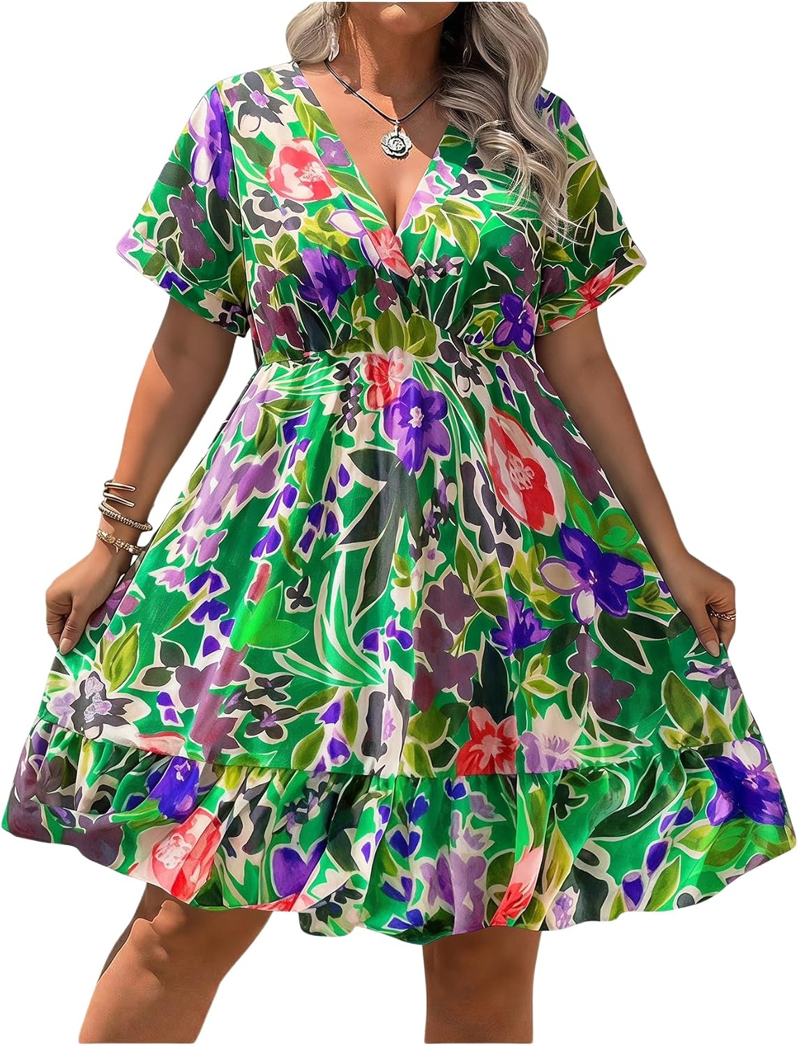 Floerns Women's Plus Size V Neck Short Sleeve Ruffle Hem A Line Short Dress | Surplice Ruffle Hem, A Line, V Neck, Short Sleeve, Boho Hawaiian Short Dress