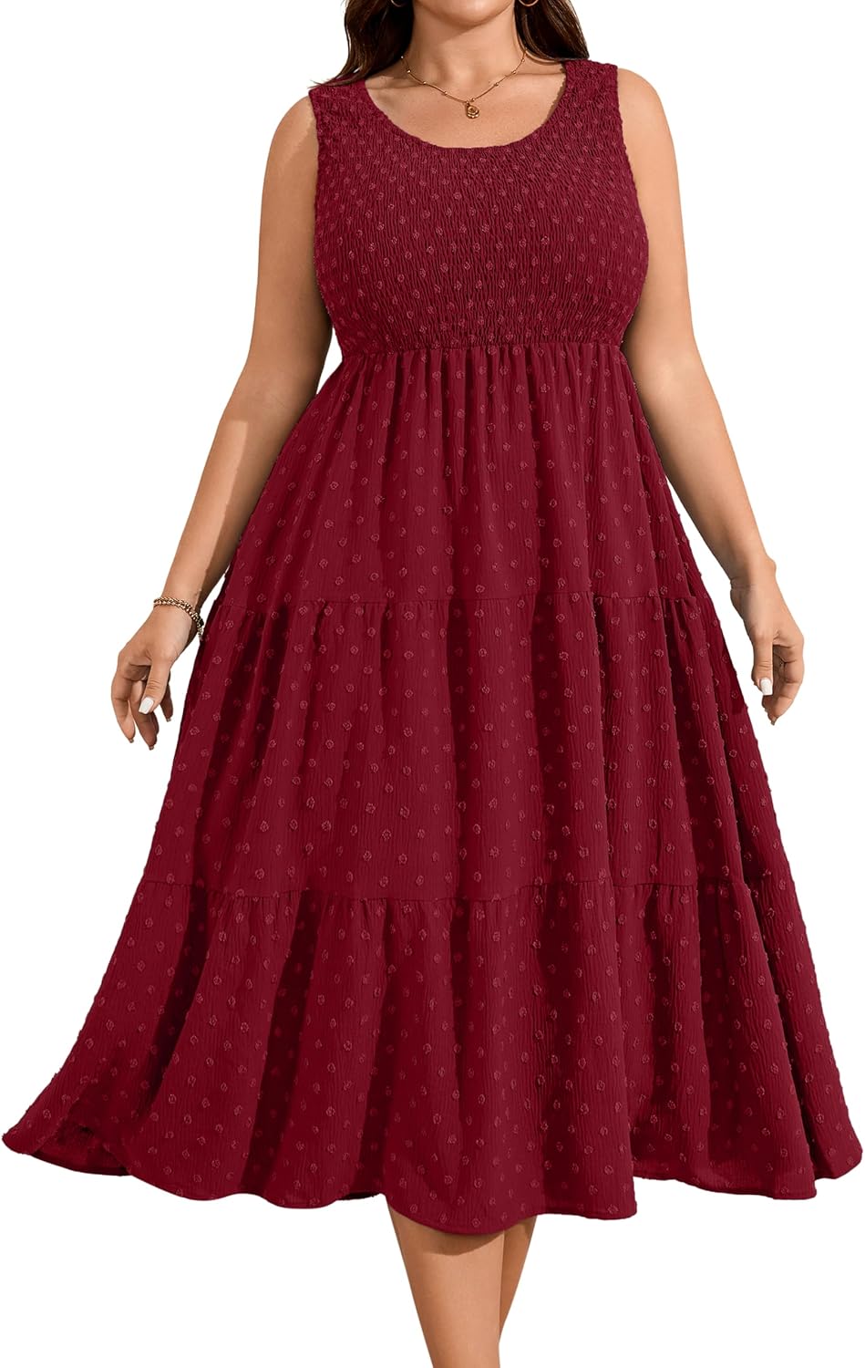 RWJ Plus Size Summer Sleeveless Tank Dress for Women Smocked Midi Sundress | Casual Loose Fit, Tiered Long Dresses, Beach Vacation, Holiday, Wedding Guest, Cocktail Party, Resort, Music Festival, Date