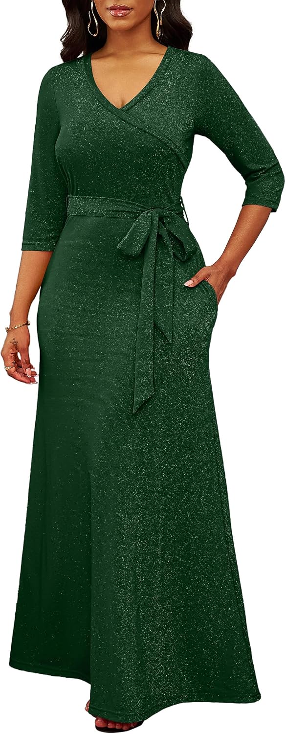 FANDEE Women's 2026 Maxi Dress - Solid Color Bohemian Summer Long Maxi Dress V-Neck 3\/4 Sleeve