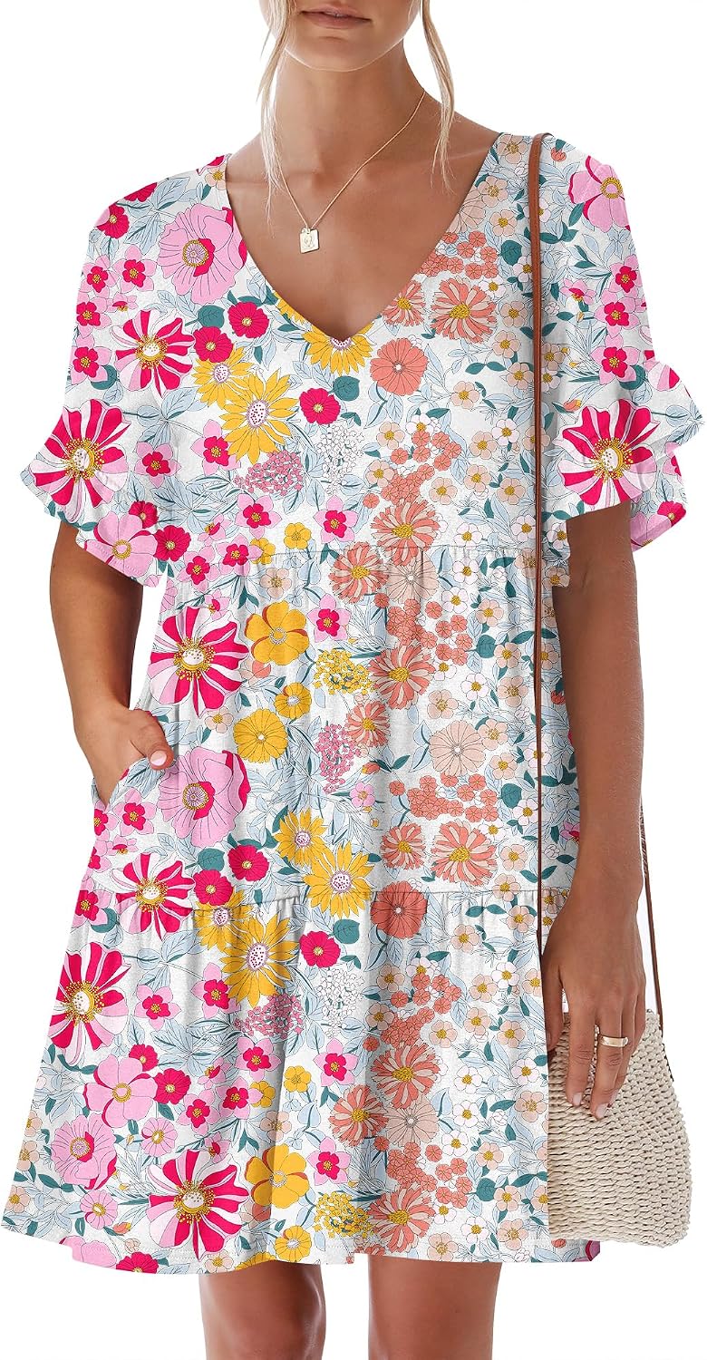 ANRABESS Dresses for Women Summer 2026 V Neck Ruffle Sleeve A Line Tiered Flowy Casual Trendy Mini Beach Dress with Pockets