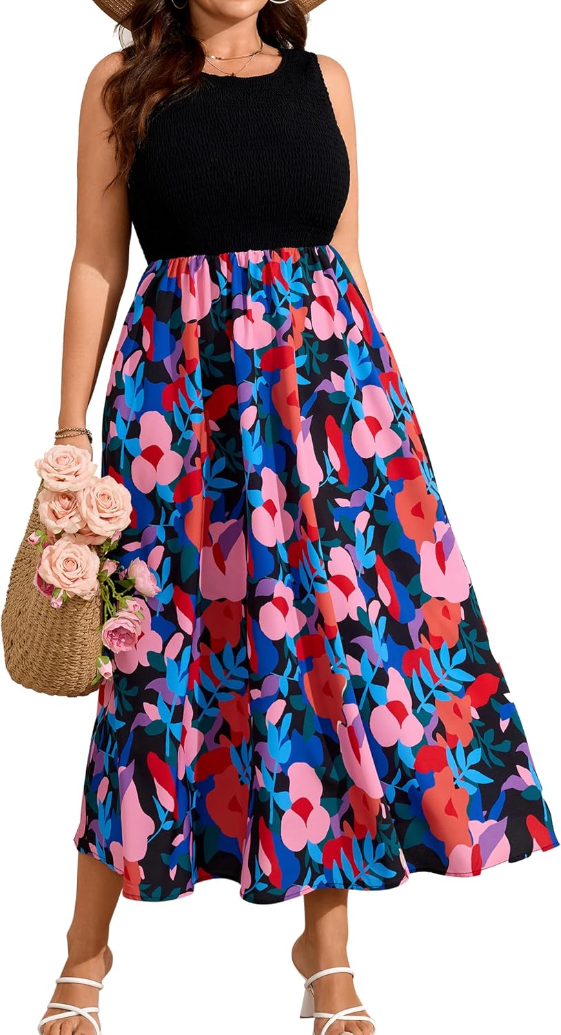 RWJ Plus Size Summer Sleeveless Tank Dress for Women Smocked Midi Sundress | Casual Loose Fit, Tiered Long Dresses, Beach Vacation, Holiday, Wedding Guest, Cocktail Party, Resort, Music Festival, Date