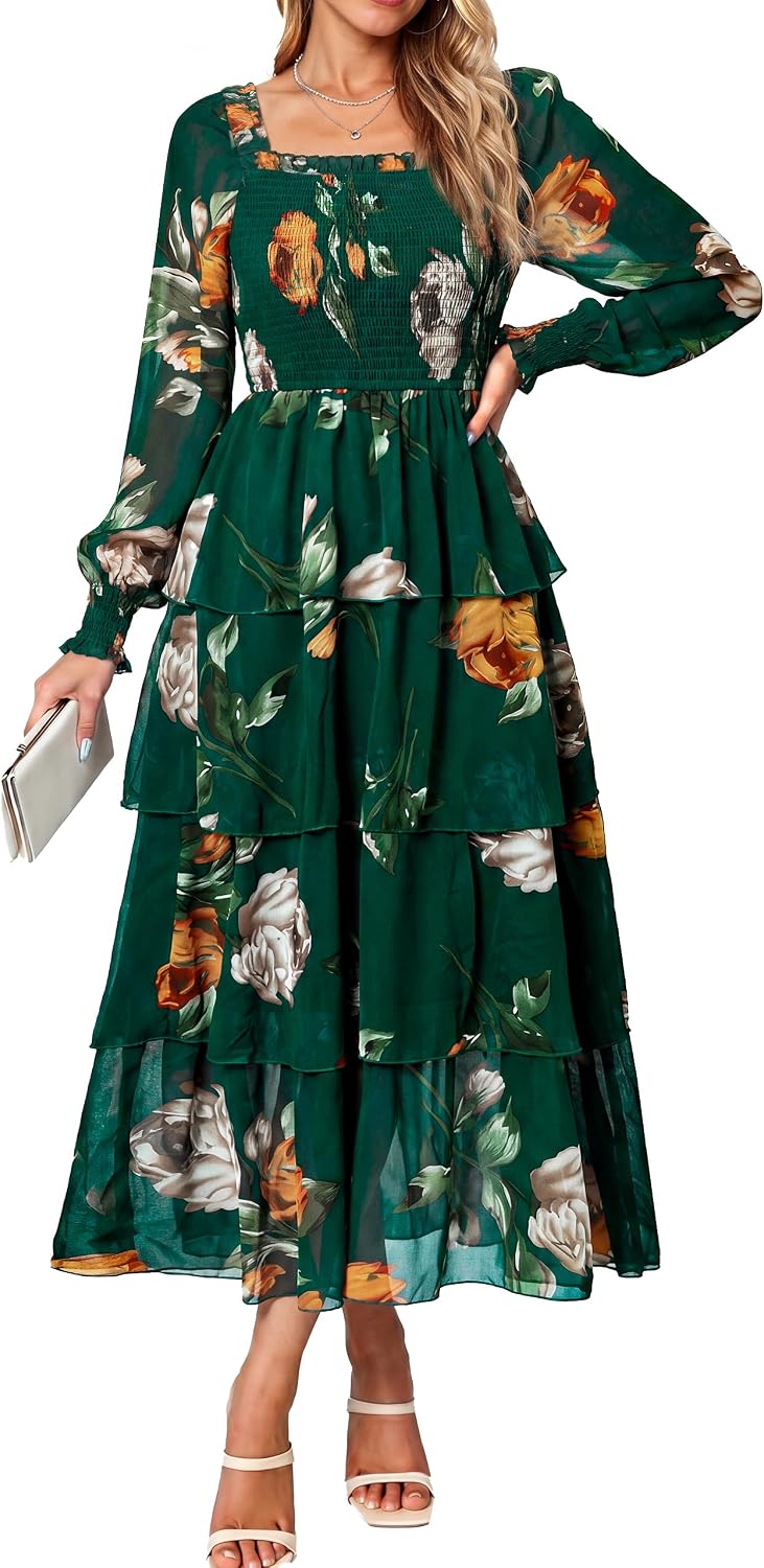 Simplee Womens Square Neck Long Sleeve Maxi Floral Fall Wedding Guest Dress | Flowy Tiered, Smocked, Bohemian, Western, Semi Formal, Spring Fall, Garden Party, Bridesmaid, Bridal Shower Dress
