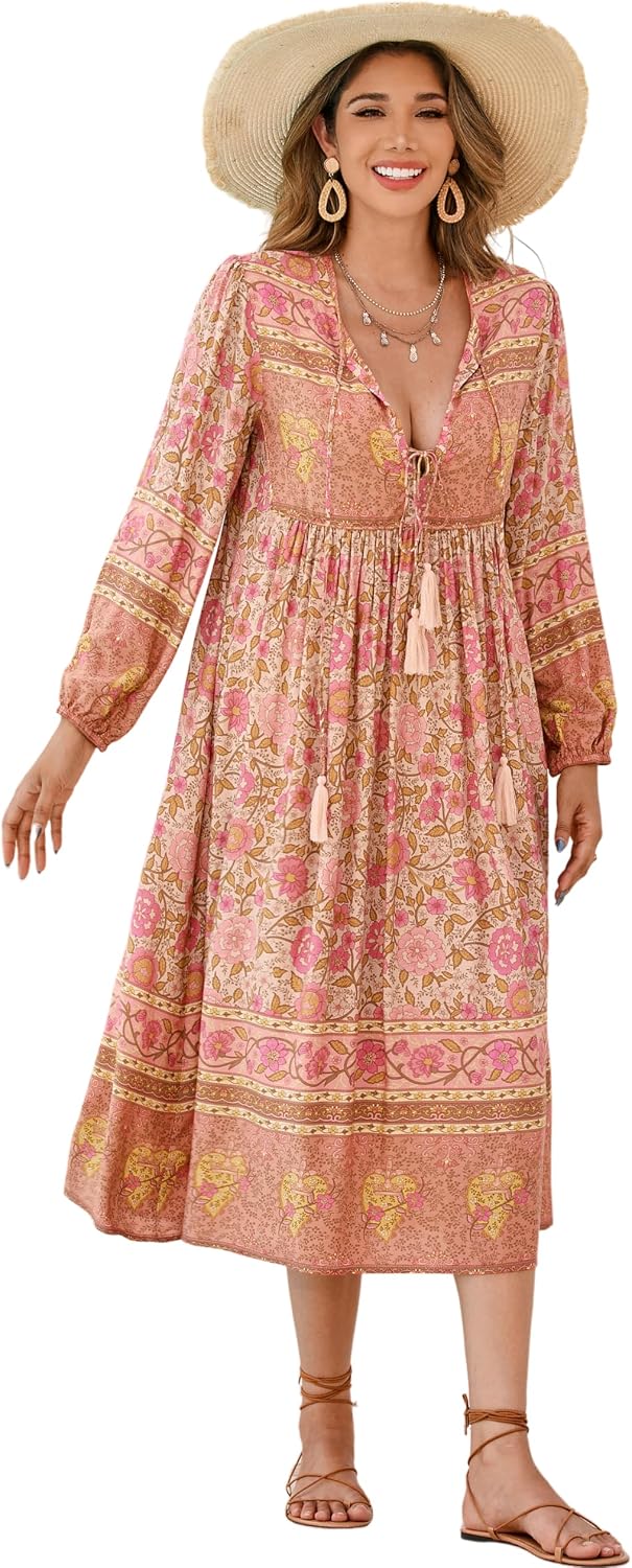 R.Vivimos Women's Long Sleeve Casual Boho Floral Midi Dresses | Retro V Neck, Tassel Tie, Beach Vacation Outfits, Resort Wear