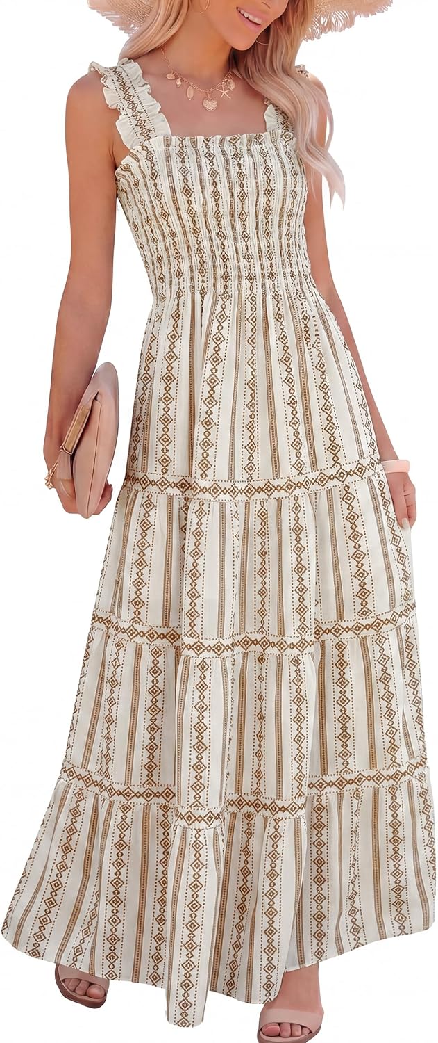 Caracilia Womens Summer Maxi Dresses Floral Smocked Boho Sundress | Sleeveless Ruffle Straps, Square Neck, Tiered Aline Flowy Casual Long Dress, Beach Vacation Outfits