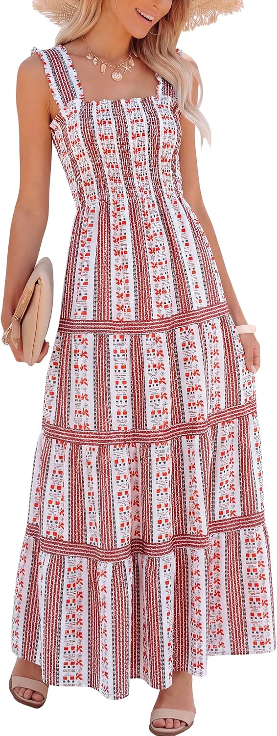 Caracilia Womens Summer Maxi Dresses Floral Smocked Boho Sundress | Sleeveless Ruffle Straps, Square Neck, Tiered Aline Flowy Casual Long Dress, Beach Vacation Outfits