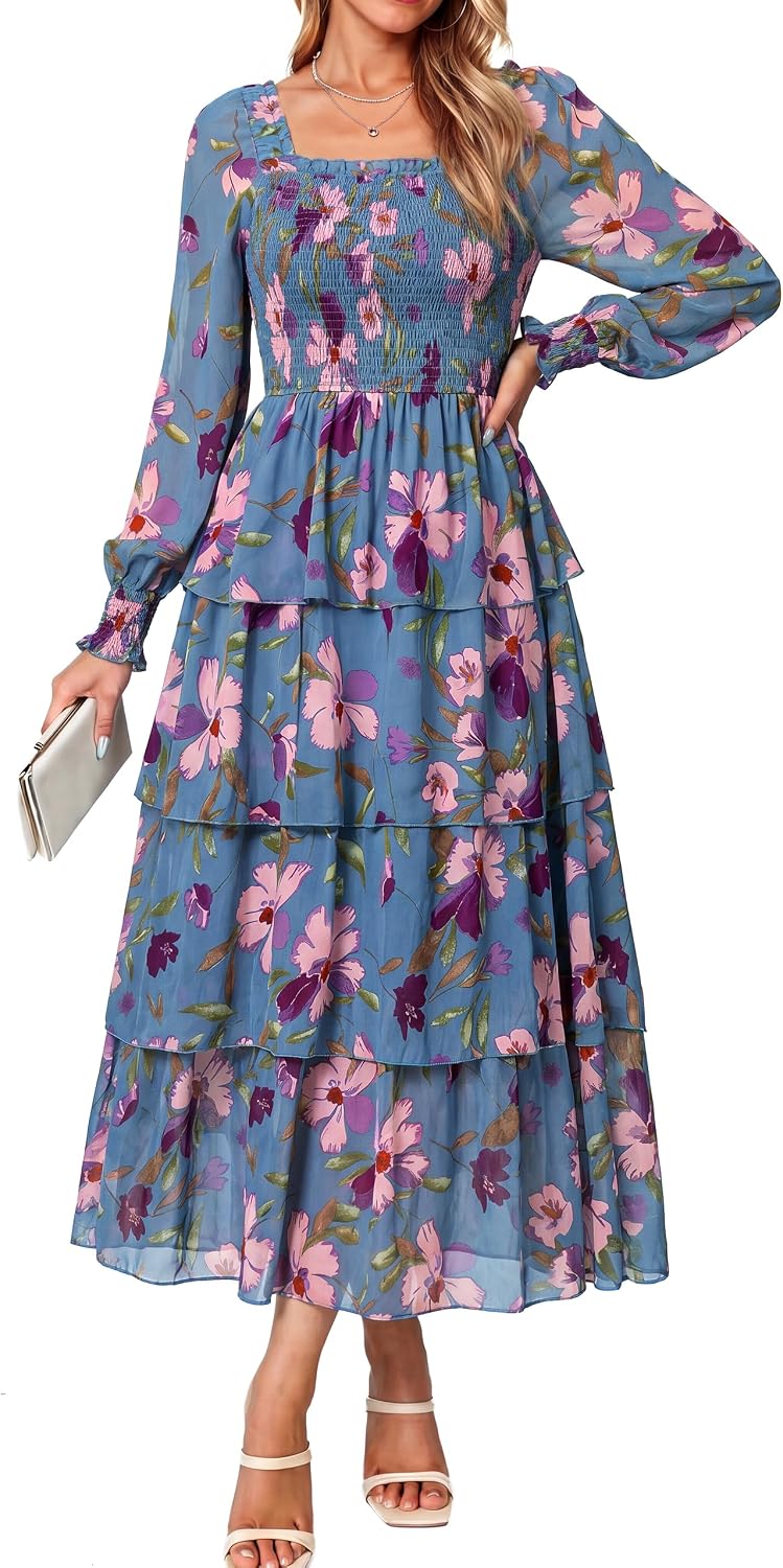 Simplee Womens Square Neck Long Sleeve Maxi Floral Fall Wedding Guest Dress | Flowy Tiered, Smocked, Bohemian, Western, Semi Formal, Spring Fall, Garden Party, Bridesmaid, Bridal Shower Dress