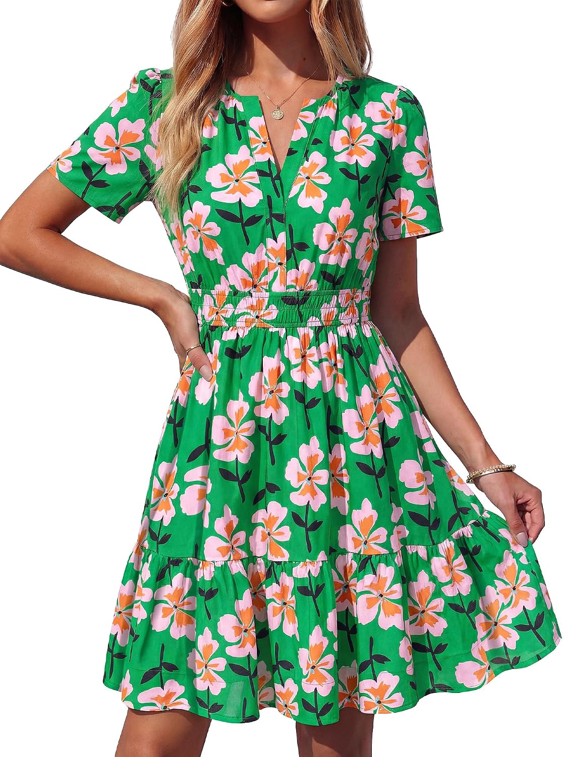 BTFBM Summer Dresses for Women 2026 Casual Short Sleeve Floral Mini Dress | V Neck Empire Waist A Line Sundress, Lightweight Dress, Party Holiday Wedding Guest Dress, Date Travel Beach Vacation Outfits