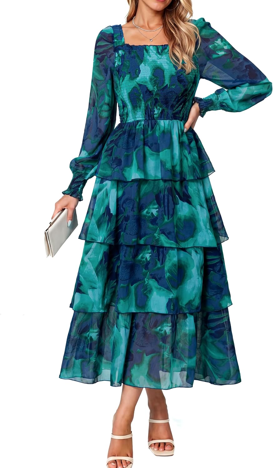 Simplee Womens Square Neck Long Sleeve Maxi Floral Fall Wedding Guest Dress | Flowy Tiered, Smocked, Bohemian, Western, Semi Formal, Spring Fall, Garden Party, Bridesmaid, Bridal Shower Dress