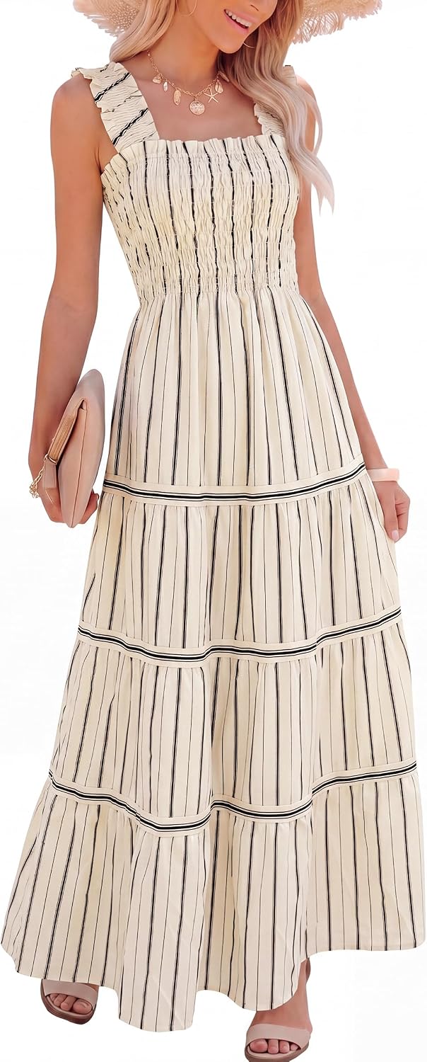 Caracilia Womens Summer Maxi Dresses Floral Smocked Boho Sundress | Sleeveless Ruffle Straps, Square Neck, Tiered Aline Flowy Casual Long Dress, Beach Vacation Outfits